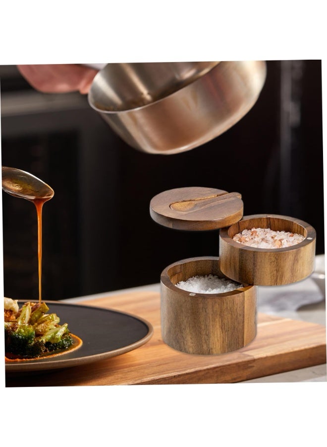 CMGTYYD. مِلحة مع غطاء دوار وملعقة، مِلحة خشبية مزدوجة مع غطاء، غطاء دوار مغناطيسي بتصميم دوار للتوابل والبهارات. - Image 3