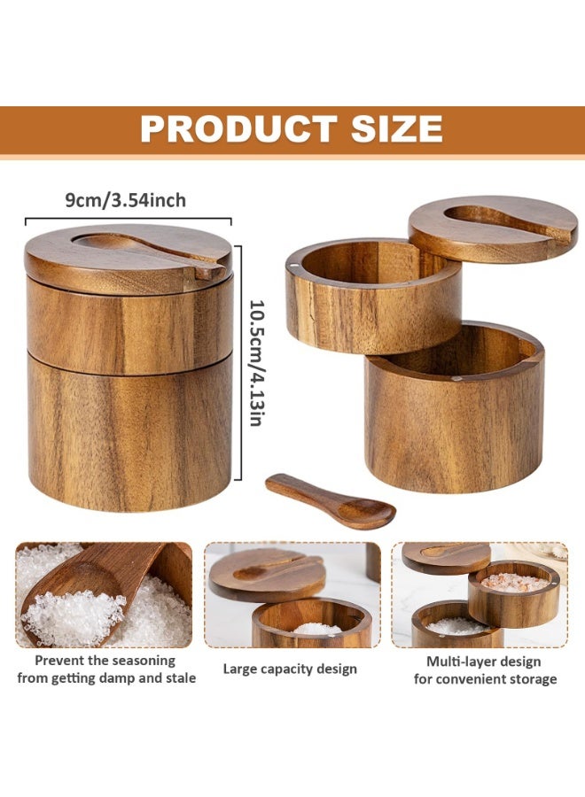 CMGTYYD. مِلحة مع غطاء دوار وملعقة، مِلحة خشبية مزدوجة مع غطاء، غطاء دوار مغناطيسي بتصميم دوار للتوابل والبهارات. - Image 2