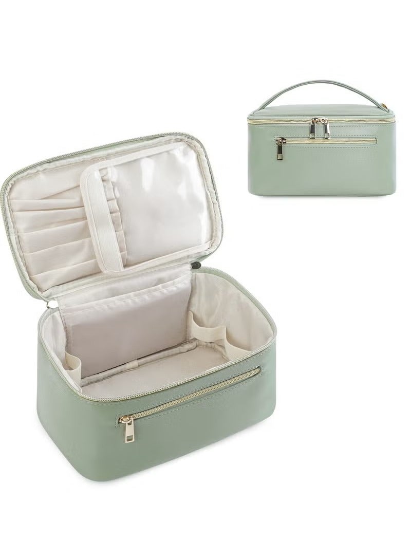 Makeup Bag, Travel Cosmetic Bags with Brush Compartment Large Portable, Make up Bag with Handle PU Leather Water-Resistant, Makeup Organiser Case for Women (Green) - Image 1