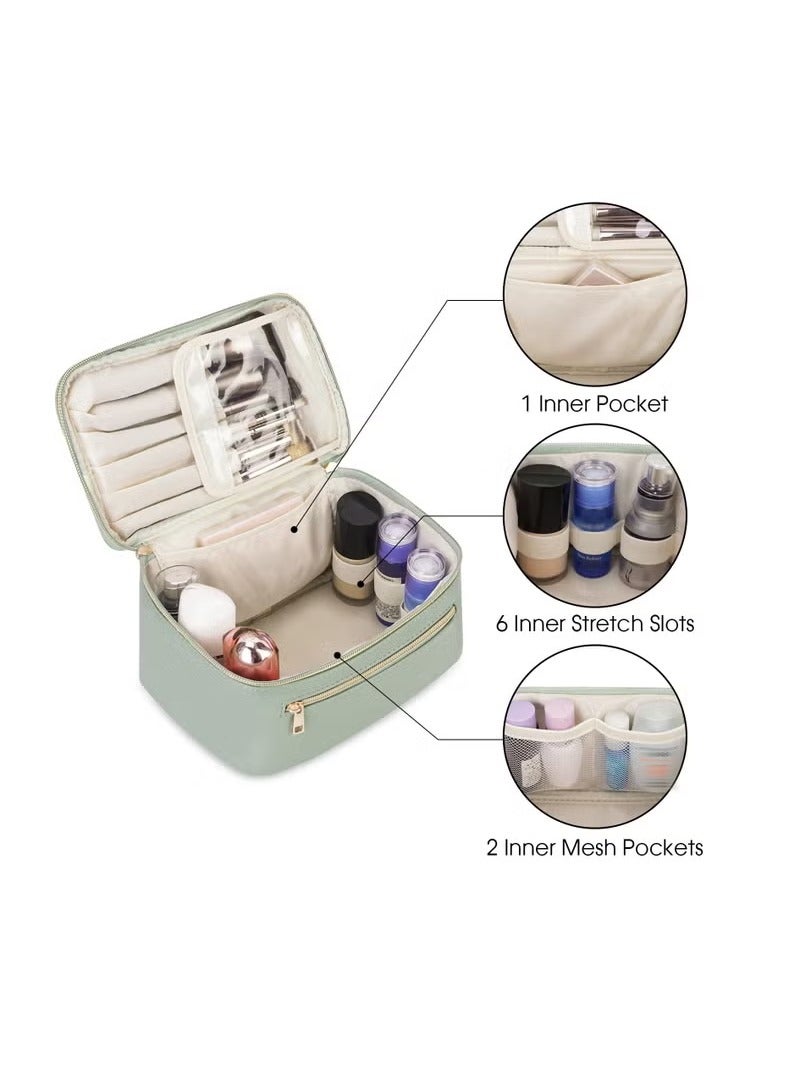 Makeup Bag, Travel Cosmetic Bags with Brush Compartment Large Portable, Make up Bag with Handle PU Leather Water-Resistant, Makeup Organiser Case for Women (Green) - Image 2