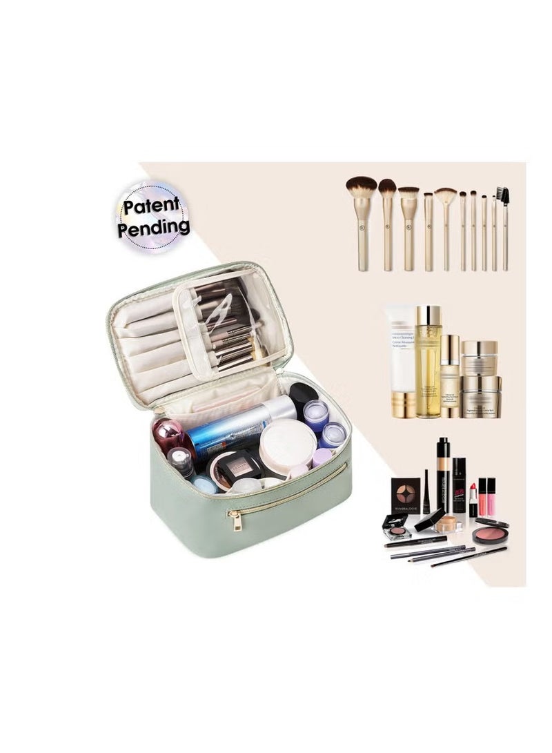 Makeup Bag, Travel Cosmetic Bags with Brush Compartment Large Portable, Make up Bag with Handle PU Leather Water-Resistant, Makeup Organiser Case for Women (Green) - Image 5