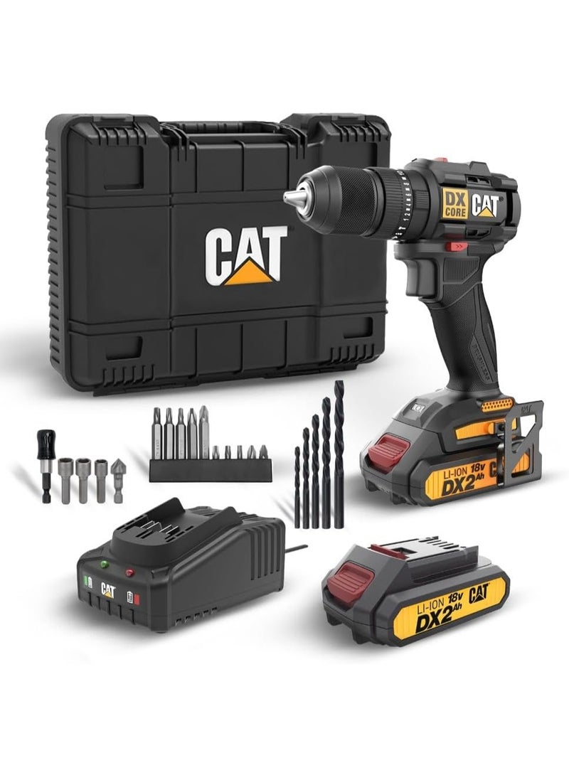 كاتربلر دريل بطارية CAT DX1010.1 بجهد 18 فولت بدون فحمات، عزم 50 نيوتن متر، ظرف معدني 13 ملم، سرعتين، 20+1+1 وضعية، مع 2 بطارية 2.0 أمبير وشاحن + طقم لقم حفر وربط 20 قطعة - Image 1
