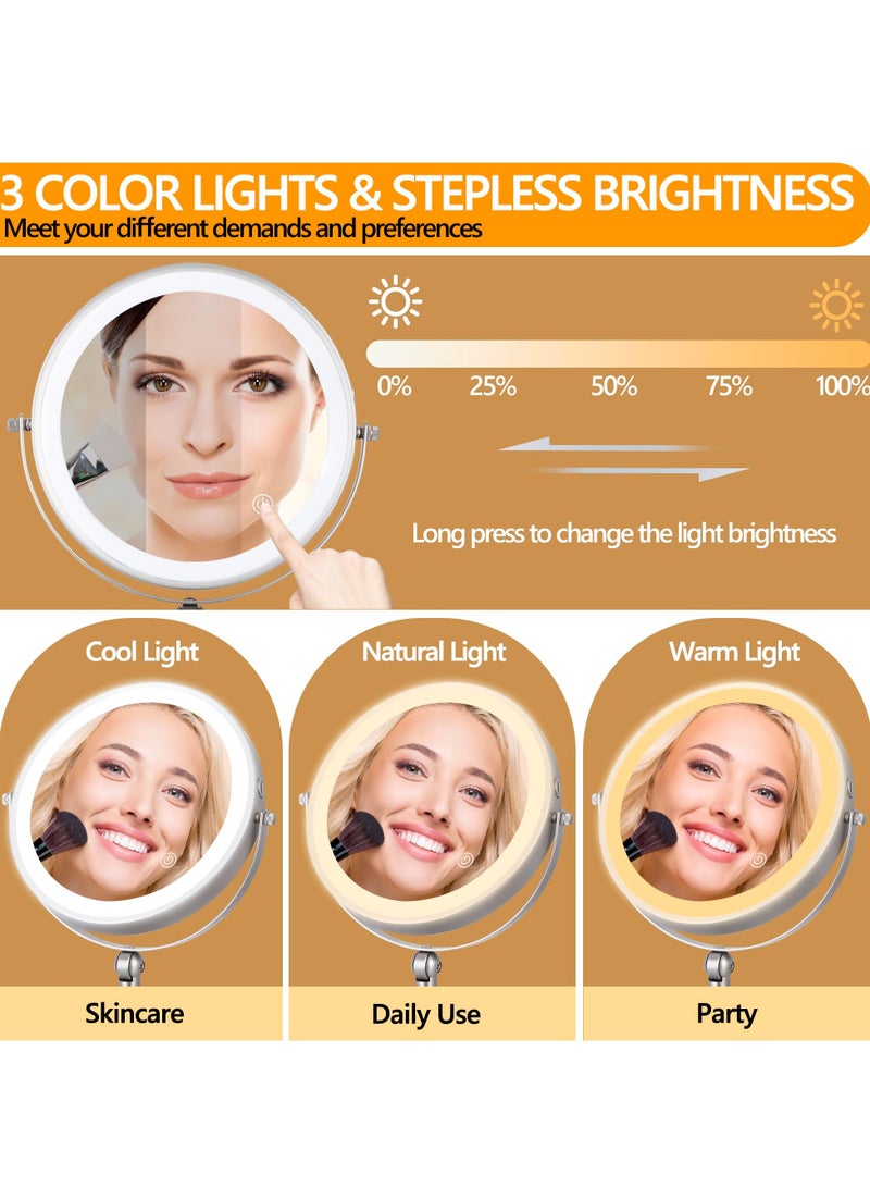 KASTWAVE مرآة مكياج مضاءة قابلة للشحن، ارتفاع 8 بوصات قابلة للتعديل، تكبير 1X/10X، أضواء ثلاثية الألوان قابلة للتعتيم، مرآة طاولة مزدوجة الجوانب تدور 360° - Image 2
