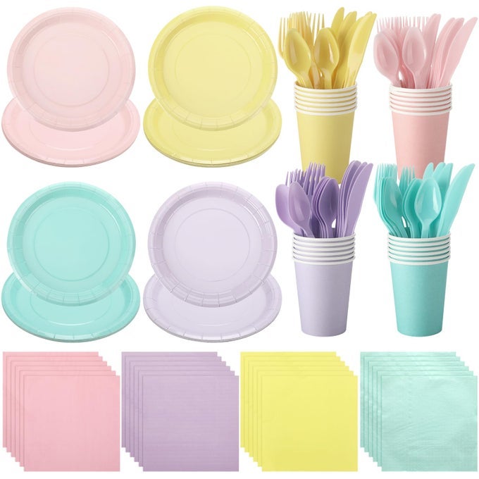 96 PCS PASTEL DISPOSABLE DINNERWARE SET INCLUDE PASTEL PAPER PLATES CUPS NAPKINS PLASTIC KNIVES FORKS SPOONS MACARON COLOR PARTY SUPPLIES FOR BIRTHDAY DECORATION WEDDING BABY SHOWER 4 COLORS