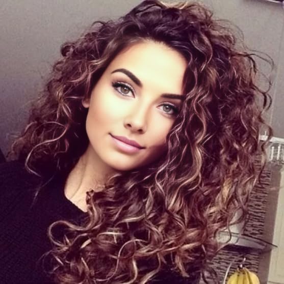 Fencca باروكة فينكا بني داكن مع خصلات شقراء ومجعدة طويلة للنساء باروكة صناعية مقاومة للحرارة بني مع تجاعيد فضفاضة باروكة منتفخة