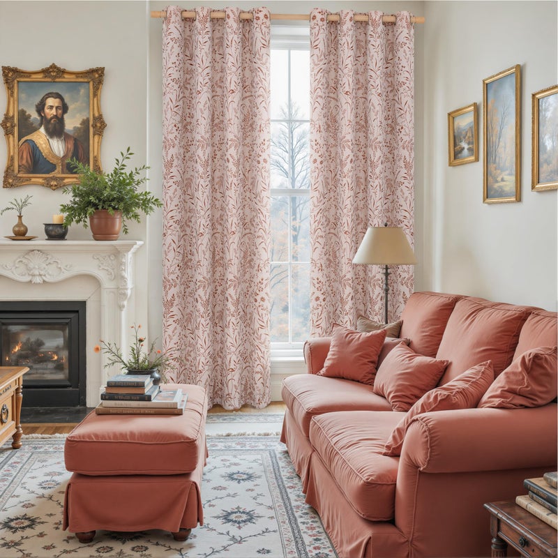 BGment Linen Curtains for Living Room 84 Inches Long - Fall Jacquard Botanical Leaf Floral Branch Vintage Cottage Core Farmhouse Light Filtering Rustic Window Drapes, Terracotta, Each 52 Inch Wide - Image 2