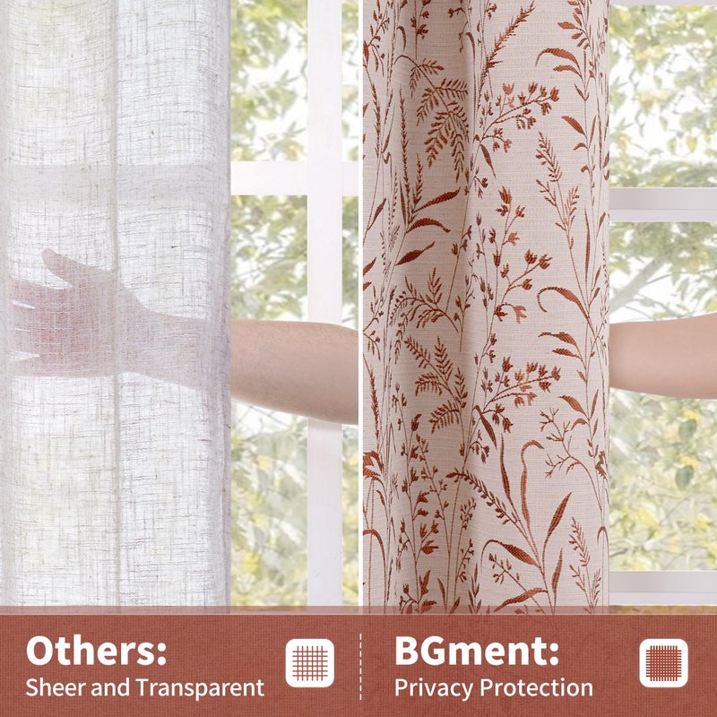 BGment Linen Curtains for Living Room 84 Inches Long - Fall Jacquard Botanical Leaf Floral Branch Vintage Cottage Core Farmhouse Light Filtering Rustic Window Drapes, Terracotta, Each 52 Inch Wide - Image 5