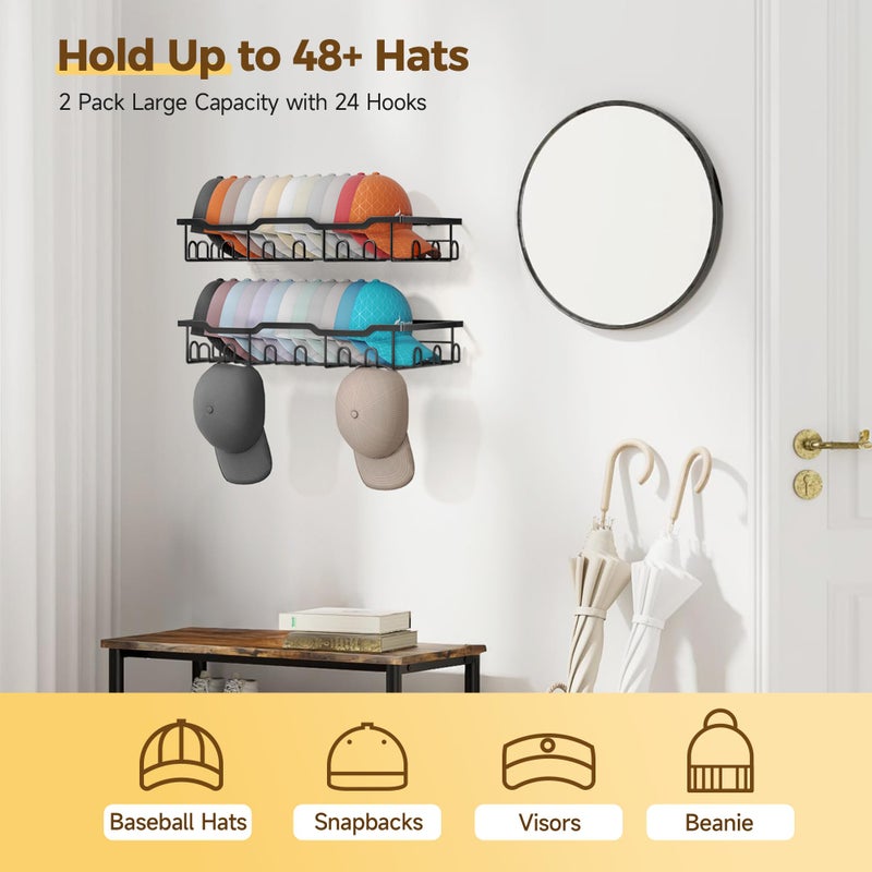 Nicetree Hat Racks for Baseball Caps Wall - Metal Hat Organizer for 48 Baseball Caps Holder, 2 Pack Hat Storage Organizer for Closet, Bedroom, Living Room Black - Image 2