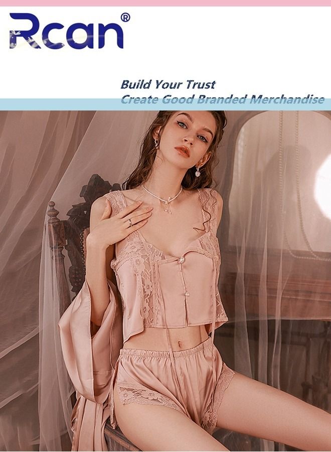 Rcan Lingerie for Women V Neck Tulle Mesh Panel Silk Pajamas Babydoll Backless Bow Camisole Home Two Piece Set - Image 2