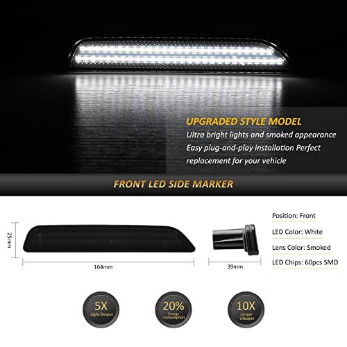 Bestview LED Side Marker Lights Compatible with Ford Mustang 2010-2014, White Front & Rear Fender Side Markers, Smoked Lens Driver & Passenger Side Bumper Lights, Pack of 4 - Image 2