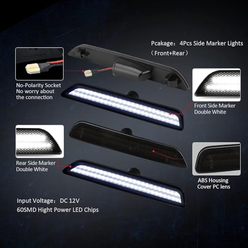 Bestview LED Side Marker Lights Compatible with Ford Mustang 2010-2014, White Front & Rear Fender Side Markers, Smoked Lens Driver & Passenger Side Bumper Lights, Pack of 4 - Image 5