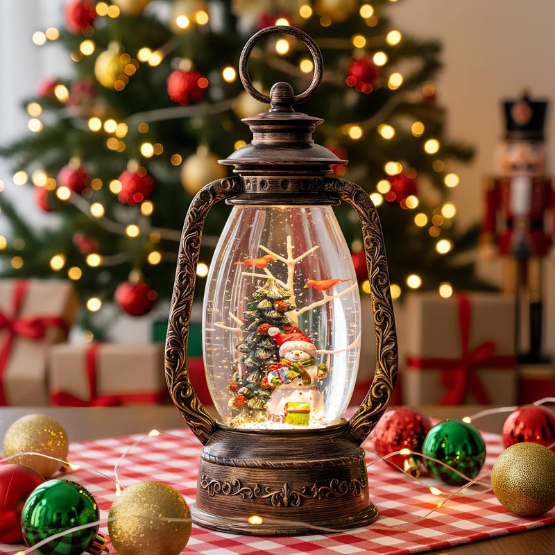 12 Christmas Musical Snow Globe Lantern Spinning Water Glittering Snowman with Holiday Tree Scene Battery USB Powered Light for Home Decoration