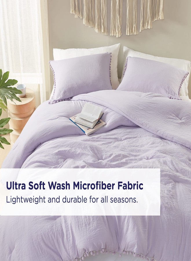 Codi Lavender Purple Full/Queen Comforter Set - Boho Aesthetic Bedding with Luxurious Pom Fringe, Soft Washed Microfiber 3pc Set, Couple-Friendly Lightweight Design, 1 Comforter & 2 Pillow Shams - Image 3