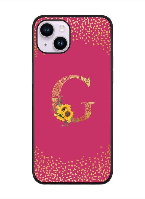 Rugged Black edge case for Apple iPhone 14 Plus, Soft Flexible Phone case Custom Monogram Initial Letter Mandala Floral Pattern Alphabet- G (Dark Pink Rose)