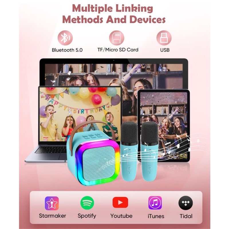 Karaoke Machine: Blue 2x Wireless Microphones - Multifunctional Design 10W High Power Portable Karaoke System with BT 5.0 DSP Noise Reduction RGB Lighting for Adults Kids Home Entertainment - Image 4