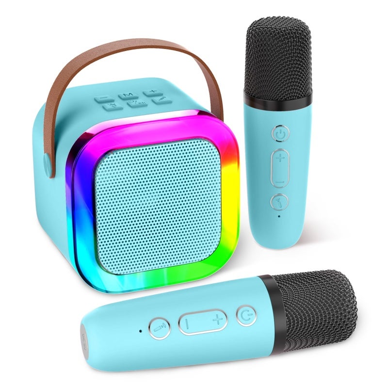 Karaoke Machine: Blue 2x Wireless Microphones - Multifunctional Design 10W High Power Portable Karaoke System with BT 5.0 DSP Noise Reduction RGB Lighting for Adults Kids Home Entertainment - Image 1