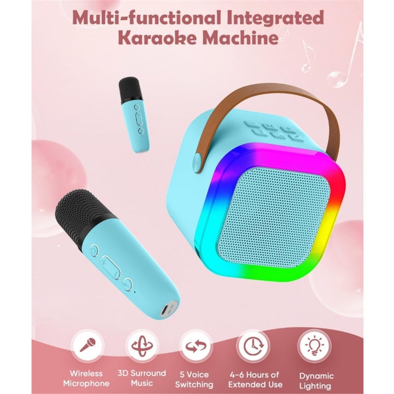 Karaoke Machine: Blue 2x Wireless Microphones - Multifunctional Design 10W High Power Portable Karaoke System with BT 5.0 DSP Noise Reduction RGB Lighting for Adults Kids Home Entertainment - Image 2
