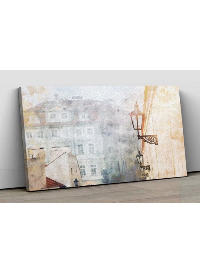 هوم جاليري لوحة فنية جدارية من القماش، صورة تجريدية مؤطرة لزقاق براغ مع منازل قديمة، 120 عرض × 80 ارتفاع × 2 عمق - Image 2