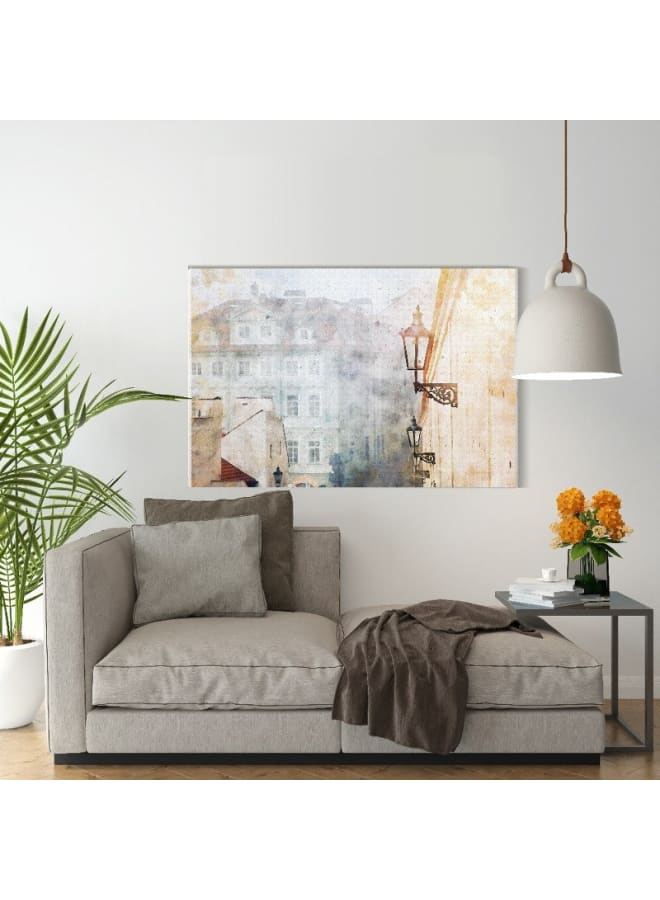 هوم جاليري لوحة فنية جدارية من القماش، صورة تجريدية مؤطرة لزقاق براغ مع منازل قديمة، 120 عرض × 80 ارتفاع × 2 عمق - Image 4