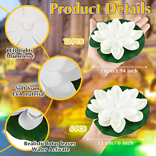 Hortsun 12 Pcs Floating Lotus Lights with Batteries Lily Pads Pool Flowers Floating Candles Decor Artificial Pond Plants Decorations for Pool Pond Outdoor Indoor (White,3.94/5.91 Inch) - Image 2