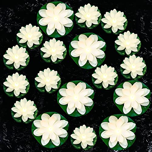 Hortsun 12 Pcs Floating Lotus Lights with Batteries Lily Pads Pool Flowers Floating Candles Decor Artificial Pond Plants Decorations for Pool Pond Outdoor Indoor (White,3.94/5.91 Inch) - Image 1