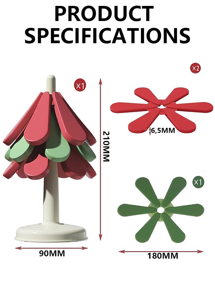 مجموعة من 3 وقايات شجرة سيليكون لديكور عيد الميلاد ، ركائز للأطباق الساخنة ، مقاومة للحرارة - مضادة للانزلاق - سهلة التنظيف - مفارش قابلة للطي لطاولة الطعام - Image 3