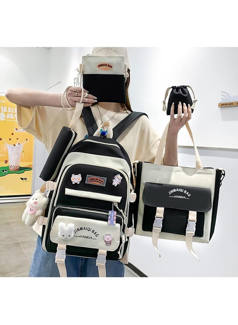 جورونب مجموعة من 5 قطع من حقائب الظهر كاواي لطالبات المدارس للفتيات المراهقات، لوازم العودة إلى المدرسة (أسود) - Image 3