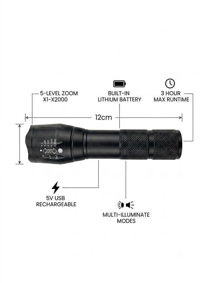 Home Care Zoomable LED Flashlight – 5-Level Zoom (X1-X2000), USB Rechargeable Built-In Lithium Battery, 3-Hour Runtime, Multi-Function Torch - Image 4