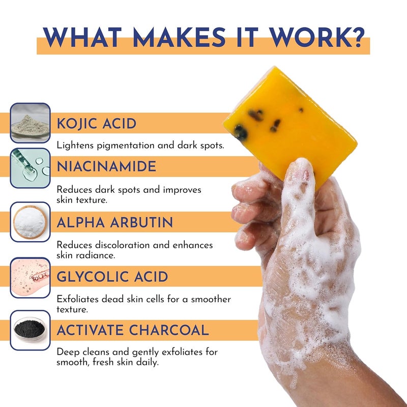 Mannlich 2 Kojic Acid Exfoliating Soap with Alpha Arbutin Glycolic Acid Niacinamide  Activated Charcoal  For Pigmentation Dark Spots Tan Removal Brightens Underarms  pH Balanced SLS Free Dermatologically Tested  75 g Pack of 2 - Image 5