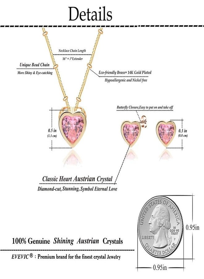EVEVIC Austrian Crystal Heart Pendant Necklace Earrings for Women 14K Gold Plated Hypoallergenic Jewelry Set (Pink) - Image 4