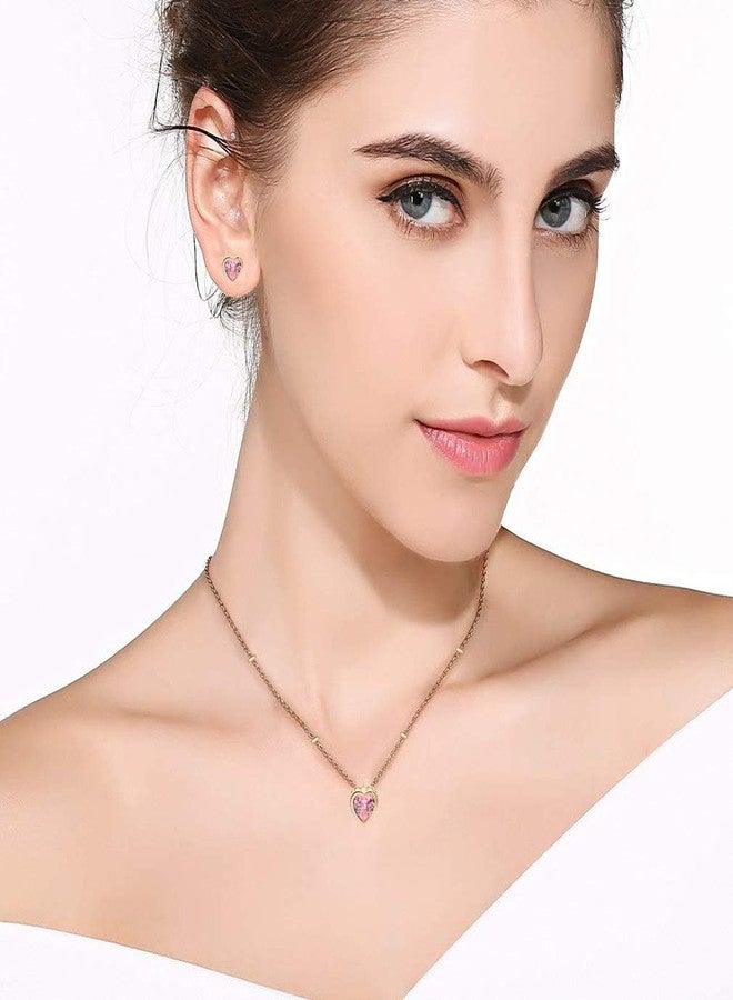 EVEVIC Austrian Crystal Heart Pendant Necklace Earrings for Women 14K Gold Plated Hypoallergenic Jewelry Set (Pink) - Image 2