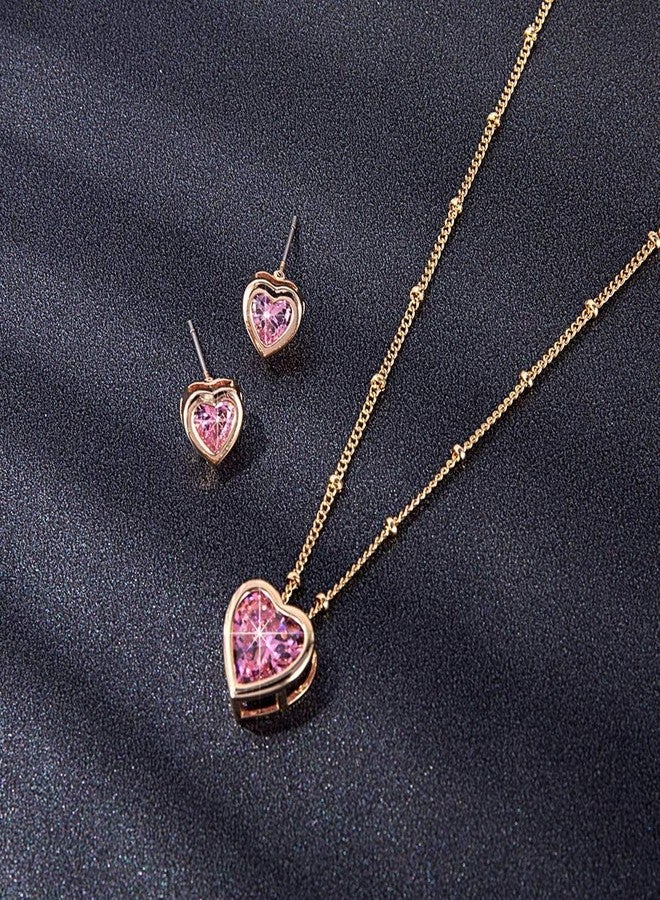 EVEVIC Austrian Crystal Heart Pendant Necklace Earrings for Women 14K Gold Plated Hypoallergenic Jewelry Set (Pink) - Image 3