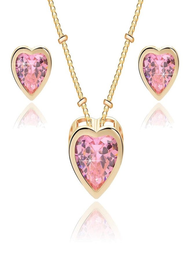 EVEVIC Austrian Crystal Heart Pendant Necklace Earrings for Women 14K Gold Plated Hypoallergenic Jewelry Set (Pink) - Image 1