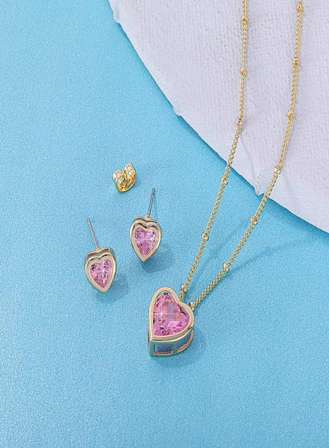 EVEVIC Austrian Crystal Heart Pendant Necklace Earrings for Women 14K Gold Plated Hypoallergenic Jewelry Set (Pink) - Image 5