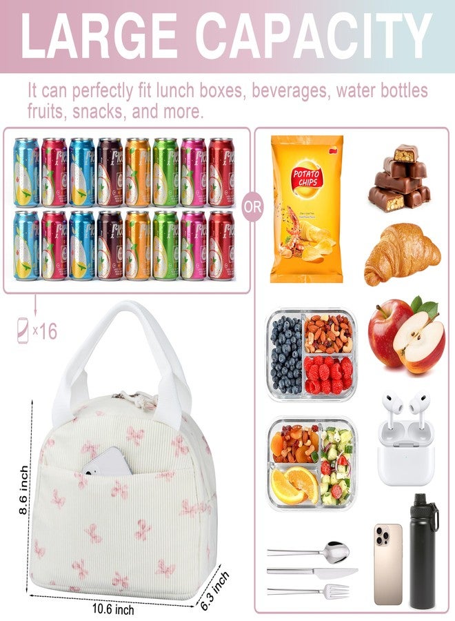 TESAFNG Lunch Bag - Insulated Lunch Box for Women, Reusable Large Capacity Cooler Bag for Adult, Small Leakproof Cute Corduroy Lunch Tote for Work Office Travel Picnic (Pink Bow) - Image 2