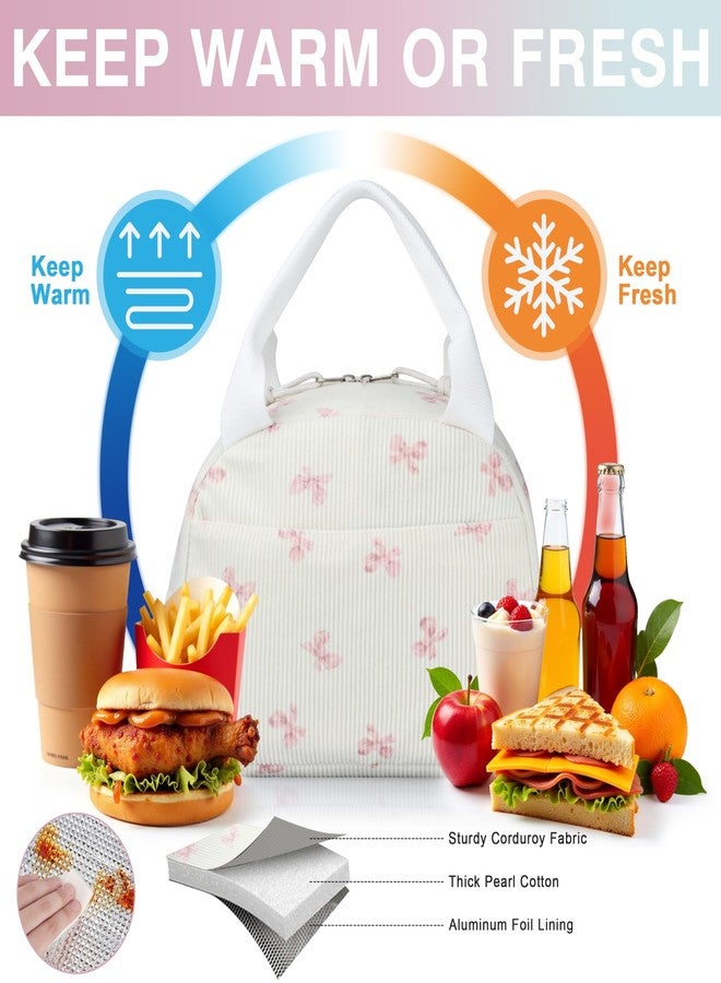 TESAFNG Lunch Bag - Insulated Lunch Box for Women, Reusable Large Capacity Cooler Bag for Adult, Small Leakproof Cute Corduroy Lunch Tote for Work Office Travel Picnic (Pink Bow) - Image 5