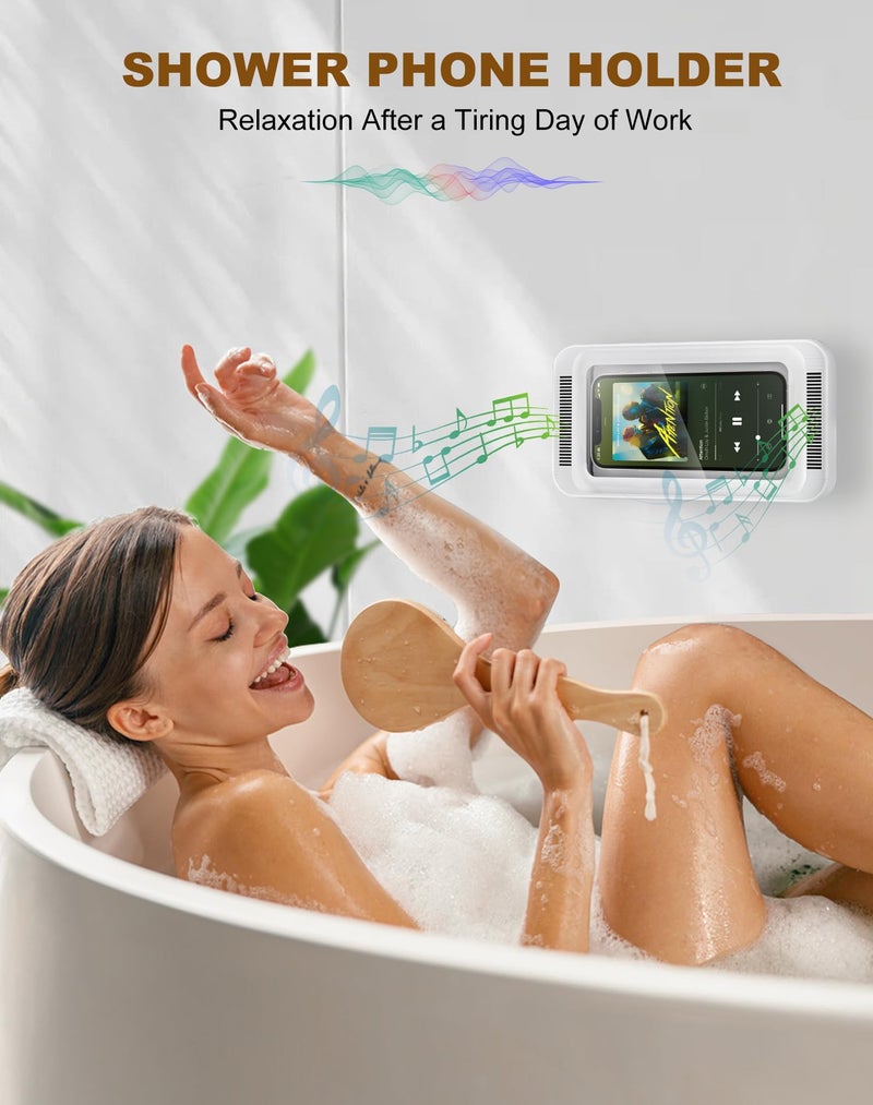 TOCHIO Upgraded Shower Phone Holder Waterproof with Speaker Hole Screentouch Shower Phone Stand Case Mount for Bathroom Bathtub Kitchen Wall Mirror for iPhone1716 15 14 13 12 11 Pro XS XR Max (White) - Image 3