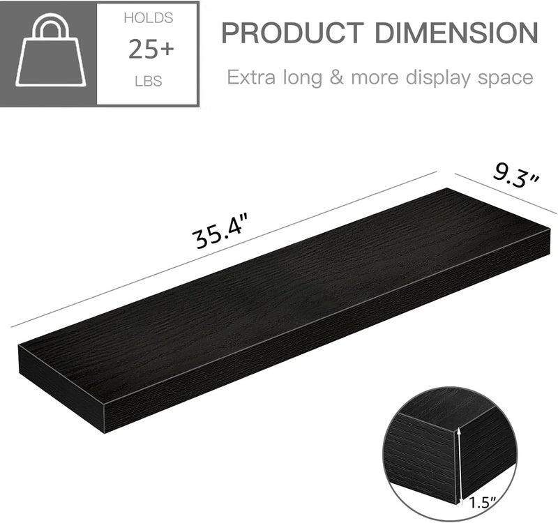 QEEIG Floating Shelves for Wall 35.4" Long - Wall Mounted Shelf Bathroom Kitchen Living Room Bedroom Farmhouse Home Decor Display Bookshelf Large 35.4 x 9.3 inch Set of 2, Black (008-90B) - Image 3