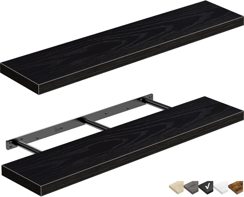 QEEIG Floating Shelves for Wall 35.4" Long - Wall Mounted Shelf Bathroom Kitchen Living Room Bedroom Farmhouse Home Decor Display Bookshelf Large 35.4 x 9.3 inch Set of 2, Black (008-90B) - Image 1