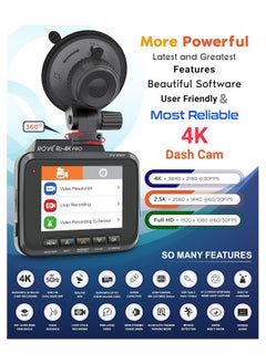 كاميرا ROVE R2-4K PRO، نظام GPS، كاميرا داش واي فاي 5G ، كاميرا داش كام 2160P UHD 30، شاشة IPS 2.4 بوصة، رؤية ليلية، WDR، زاوية واسعة 150 درجة، وضع انتظار السيارات لمدة 24 ساعة، يدعم 512 جيجابايت  - Image 2