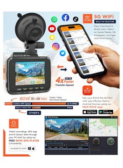 كاميرا ROVE R2-4K PRO، نظام GPS، كاميرا داش واي فاي 5G ، كاميرا داش كام 2160P UHD 30، شاشة IPS 2.4 بوصة، رؤية ليلية، WDR، زاوية واسعة 150 درجة، وضع انتظار السيارات لمدة 24 ساعة، يدعم 512 جيجابايت  - Image 5