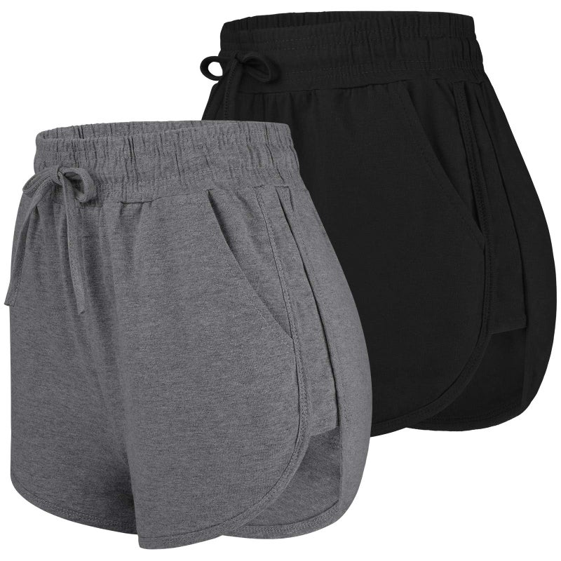 URATOT 2 Pack Cotton Yoga Short Women Summer Running Gym Sports Waistband Shorts with Pockets Black,Dark Grey - Image 1