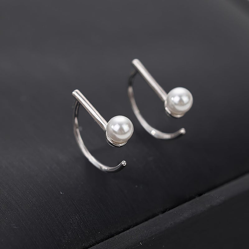 Reffeer 925 Sterling Silver Pearl Half Hoop Earrings for Women Teen Girls Bar Hoop Earrings Open Small Huggie Earrings (A-Silver) - Image 5