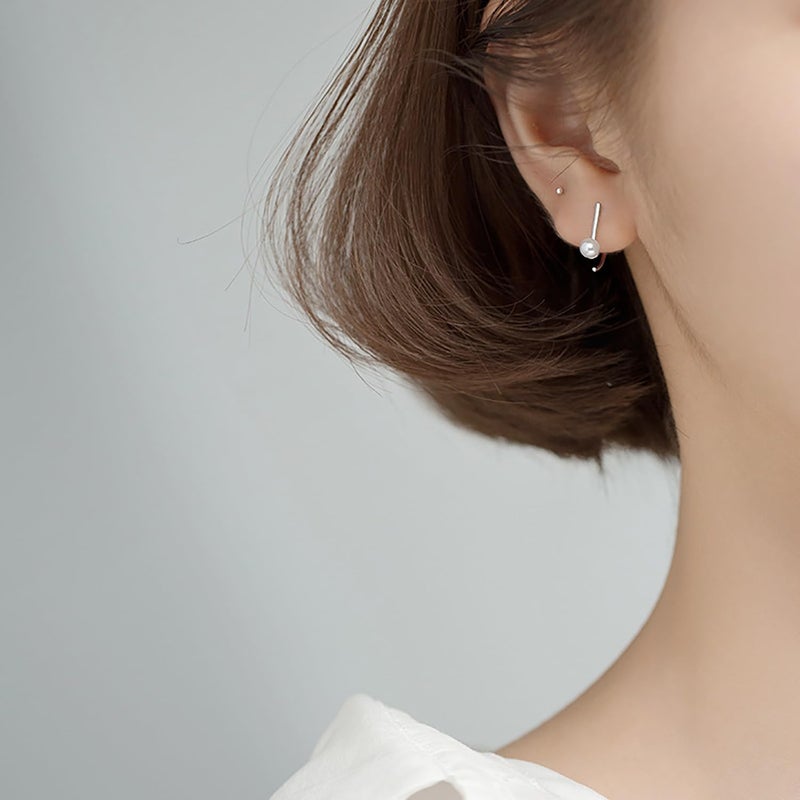 Reffeer 925 Sterling Silver Pearl Half Hoop Earrings for Women Teen Girls Bar Hoop Earrings Open Small Huggie Earrings (A-Silver) - Image 2