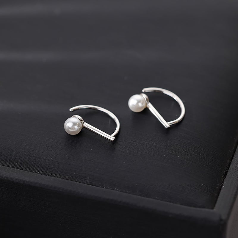 Reffeer 925 Sterling Silver Pearl Half Hoop Earrings for Women Teen Girls Bar Hoop Earrings Open Small Huggie Earrings (A-Silver) - Image 4