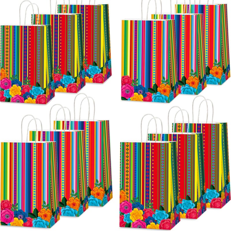 Naozinebi 12pcs Mexican Fiesta Party Favor Bags Mexican Treat Bags Fifth De Mayo Candy Bag Floral Stripes Gift Goodie Bag for Flowers Birthday Party Taco Wedding Baby Shower Supplies Decorations 473158inch - Image 2