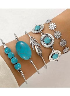 Home Clearance Sale Fashion Retro Turquoise Inlaid Jewelry Set, Personality Versatile Ethnic Style Flower Feather Open Five-piece Set Bracelet Bracelet Female  - Image 1