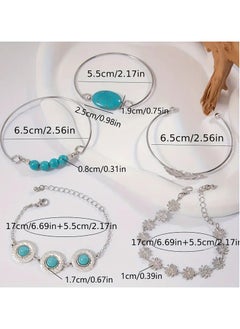 Home Clearance Sale Fashion Retro Turquoise Inlaid Jewelry Set, Personality Versatile Ethnic Style Flower Feather Open Five-piece Set Bracelet Bracelet Female  - Image 2
