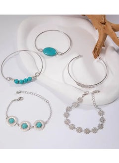 Home Clearance Sale Fashion Retro Turquoise Inlaid Jewelry Set, Personality Versatile Ethnic Style Flower Feather Open Five-piece Set Bracelet Bracelet Female  - Image 3