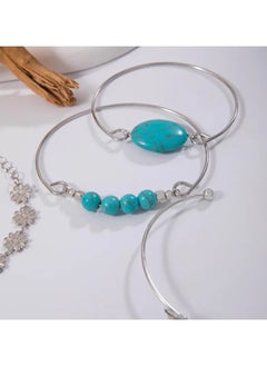 Home Clearance Sale Fashion Retro Turquoise Inlaid Jewelry Set, Personality Versatile Ethnic Style Flower Feather Open Five-piece Set Bracelet Bracelet Female  - Image 4
